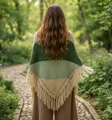 NEW Green Beige Hand Knitted Shawl Wrap Boho Hippie Cottage Indie Forest Artsy