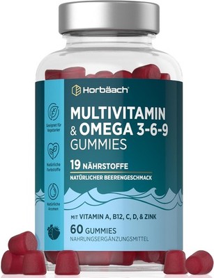 Multivitamin Gummies mit Omega 3 6 9 | 60 Vegane Gummibärchen | 19 Nährstoffe