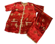 VTG Cassure Red Gold Asian Satin Lounge Set Designed by SD  Kim XL Shirt Pant
