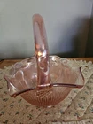 Vintage Pink Depression Glass Basket or Candy Dish Ribbed and Scalloped Edges