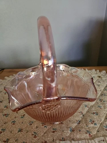 Vintage Pink Depression Glass Basket or Candy Dish Ribbed and Scalloped Edges