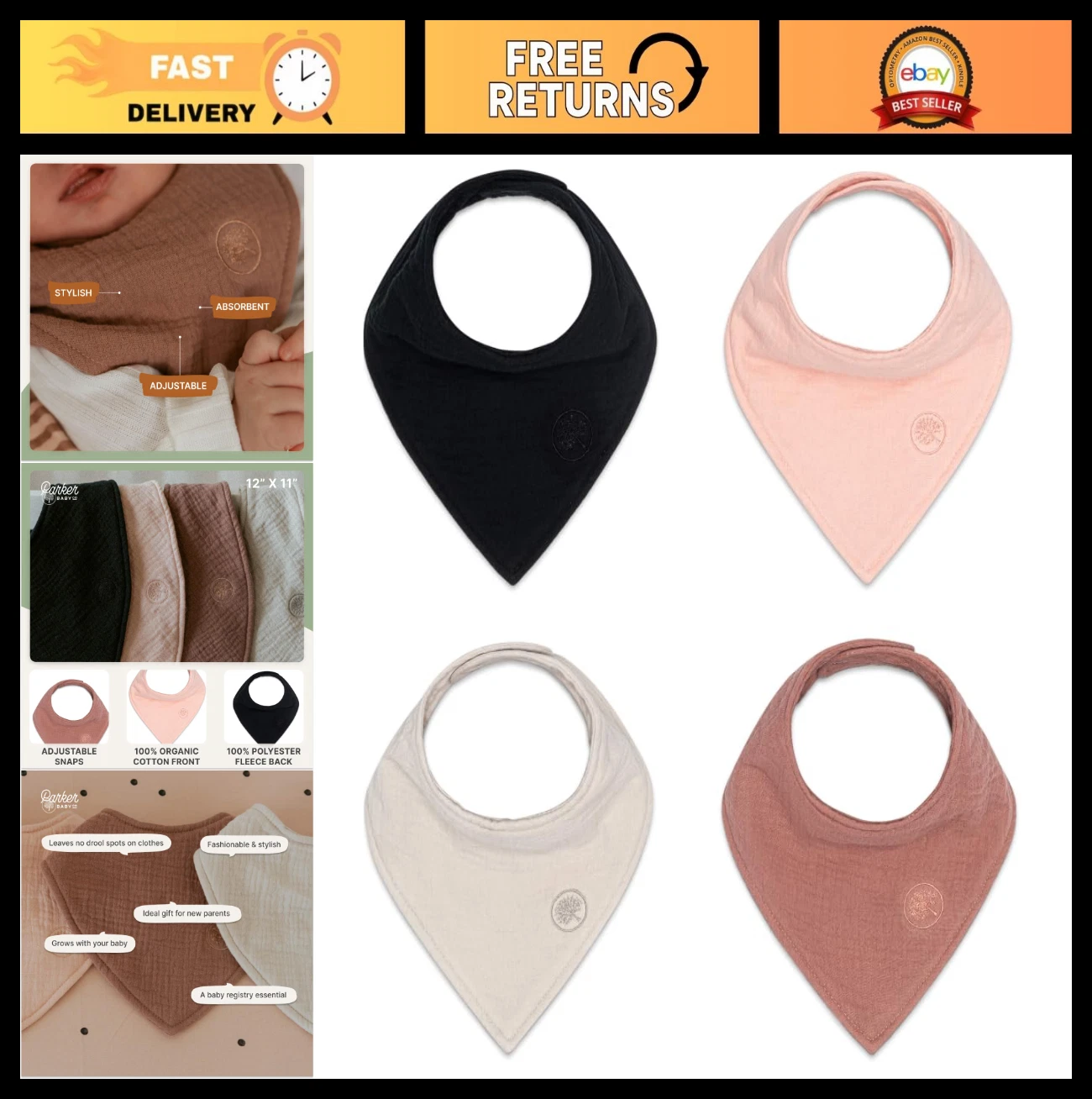 Soft Muslin Cotton Bandana Bibs | Absorbent & Adjustable Teething Drool Bibs