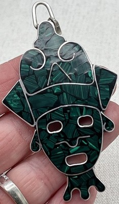 Vintage HOB Mexico 925 Sterling Silver Malachite Pendant Aztec Mayan Face 3.25 