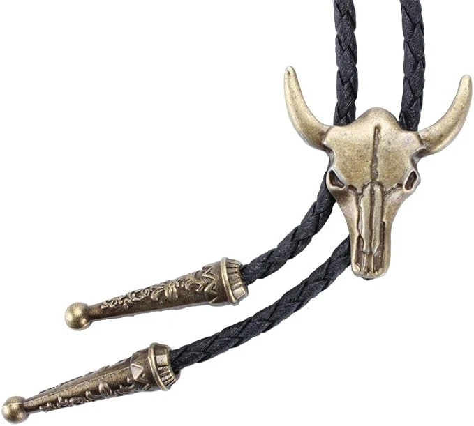 Western Vintage Bolo Tie for Men - Cow Skull Design Cowboy Tie - Black Leather B