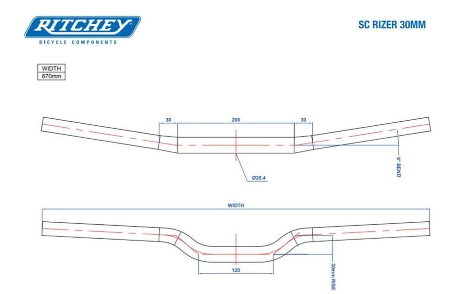 Ritchey Comp SC Rizer Handlebar 670mm 30mm Rise 9d Sweep 25.4 Bar Clamp Black - Image 3 of 3