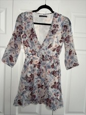 Abercrombie & Fitch Floral Wrap Dress Womens Size XSP Blue Mauve Chiffon Ruffle