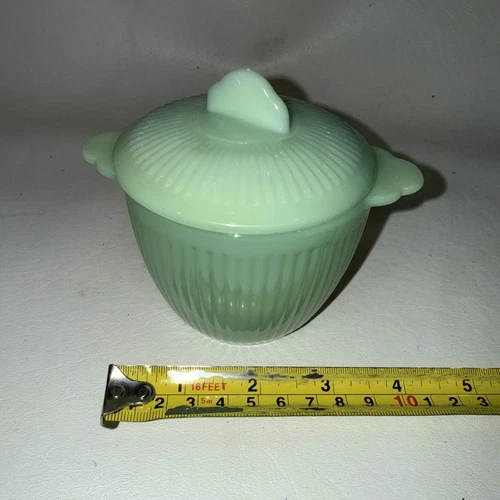 Jadeite Fire King Jadite Jane Ray Covered Sugar Bowl Vintage Ribbed Oven Ware