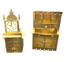 Vintage Metal Dollhouse Furniture Brassy color Lot Set of 2 Clock China Hutch