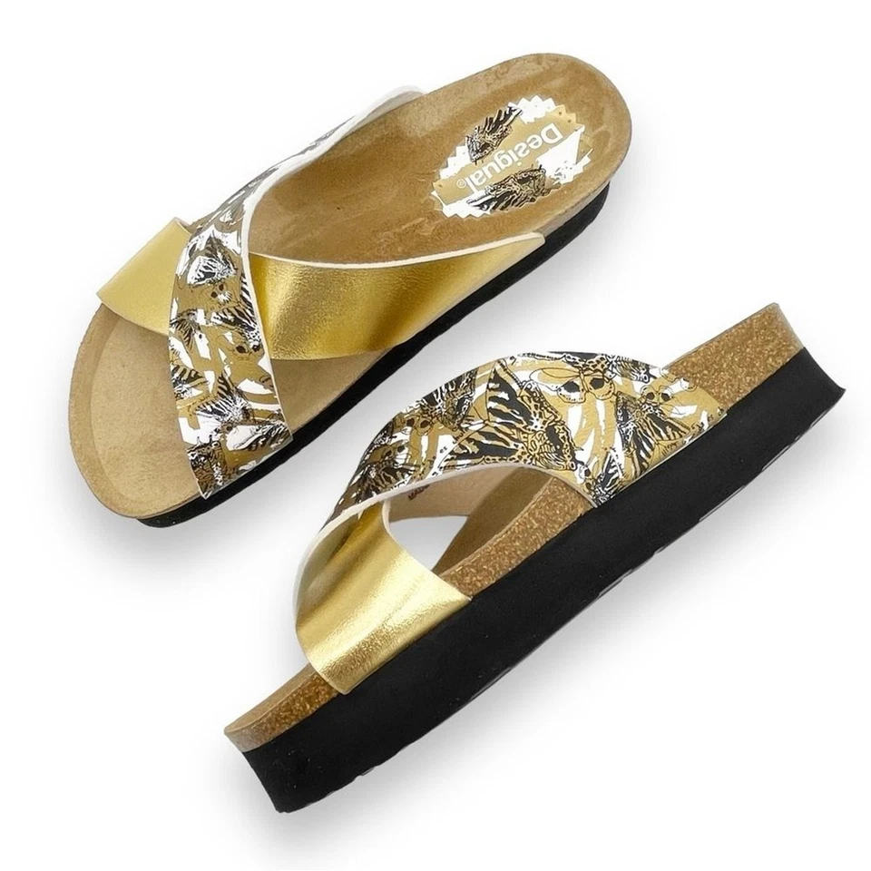 Desigual Gold Butterfly Cross Strap Platform Sandals Flatform EU 39 US Size 8.5 - Изображение 3 из 4