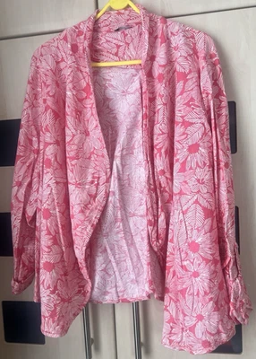 M&Co Pink Floral Print Long Sleeve Open Linen Mix Jacket Size 18. VGC - Image 1 of 4