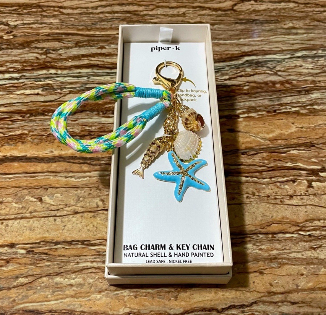 Piper K Seashell Starfish Bag Charm Gold Turquoise Keychain