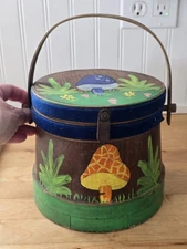 Vtg Wood Firkin Sugar Bucket Purse Hinge Lid Velvet Lined Hand Painted Mushroom 