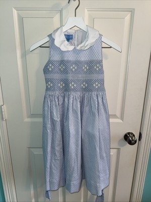 Anavini Girls 7 Blue White Striped A-Line Smocked Embroidered Cotton Long