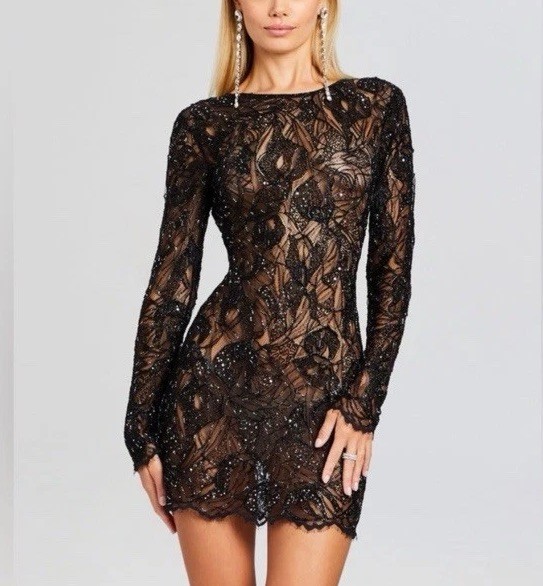 Retrofête Black Long-Sleeve Kennedy Lace Mini Dress