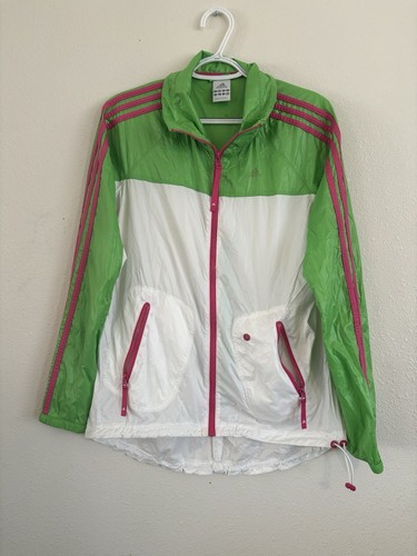 Y2K Adidas Windbreaker Zip Up Shell Jacket White/Green/Pink Adjustable Toggle