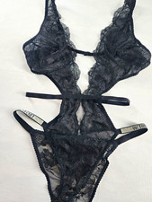 Victoria's Secret M Teddy Bodysuit One-piece Crotchless Black Lace Shine Strap