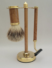 Beautiful Wet Shaving Set Wood Brass Badger Bristle Brush, Brass Stand Razor