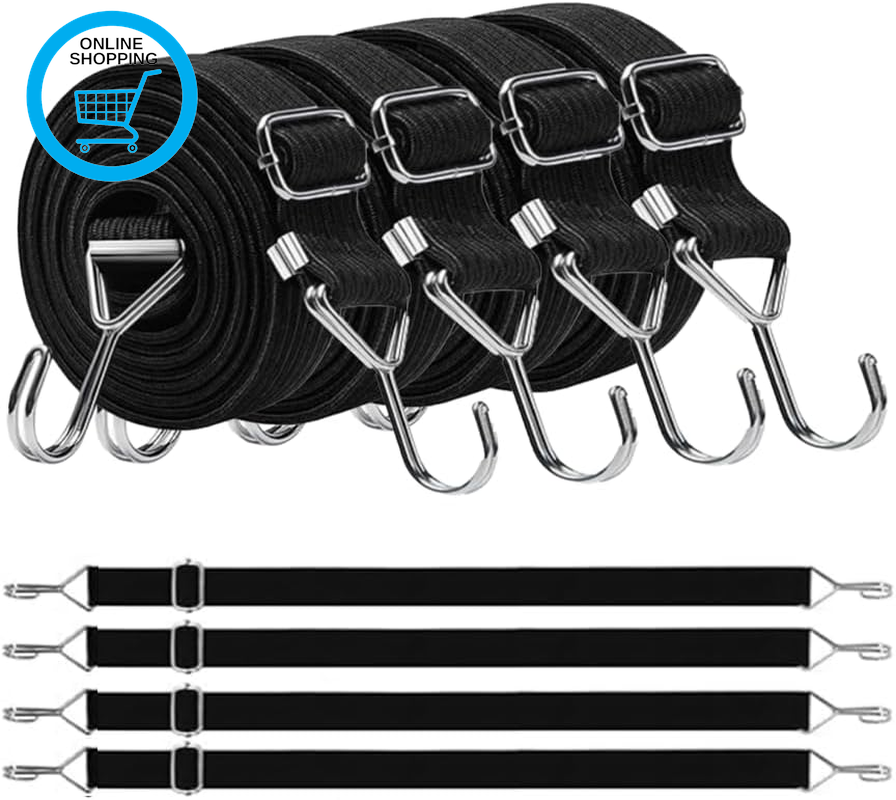4Pcs Adjustable Bungee Cords with Hooks, 2M/6.6Ft Long Bungee Straps Heavy Duty
