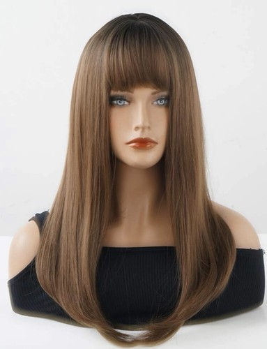 Perruque Synthétique Longue Couleur Brun Marron - Avec Frange, Bonnet Taille M, Texture Lisse