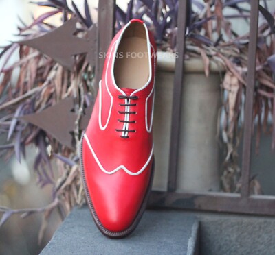 Premium Quality Red, White Leather Wingtip Oxford Shoes, Lace Up Dress Men  Shoes | eBay