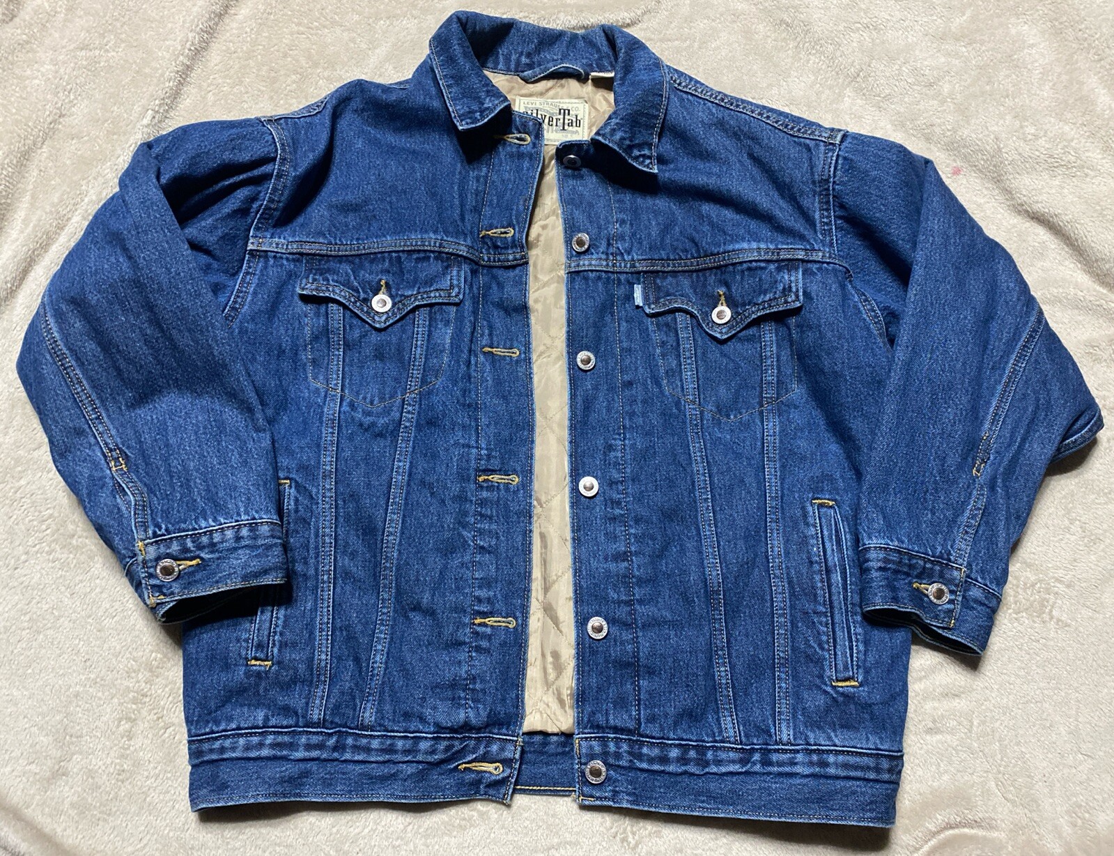 LEVI'S Silvertab Blue Denim Quilt Lined Baggy Trucker Jacket Women's Small