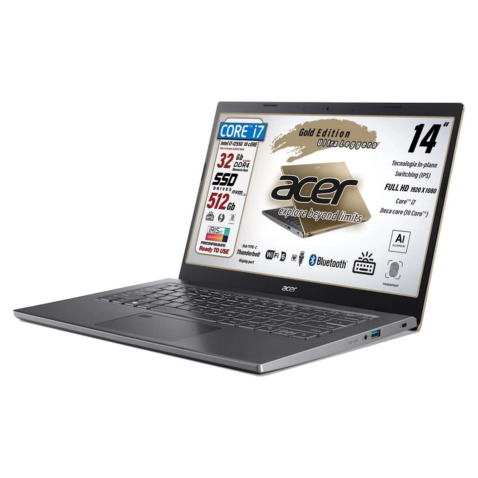 Acer Intel i7-1255U, Ram 32Gb, Nvme 512Gb, 14" FHD, Retro, Fing, Win11 Pro, Gold - Immagine 4 di 4