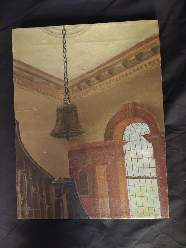 Oil Painting Vintage Americana Of The Liberty Bell By E.S.Camperson 