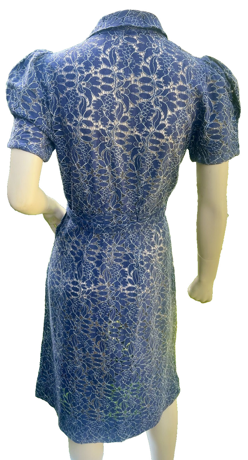 VINTAGE 1930's BLUE COTTON FLORAL LACEY CUTWORK DRESS