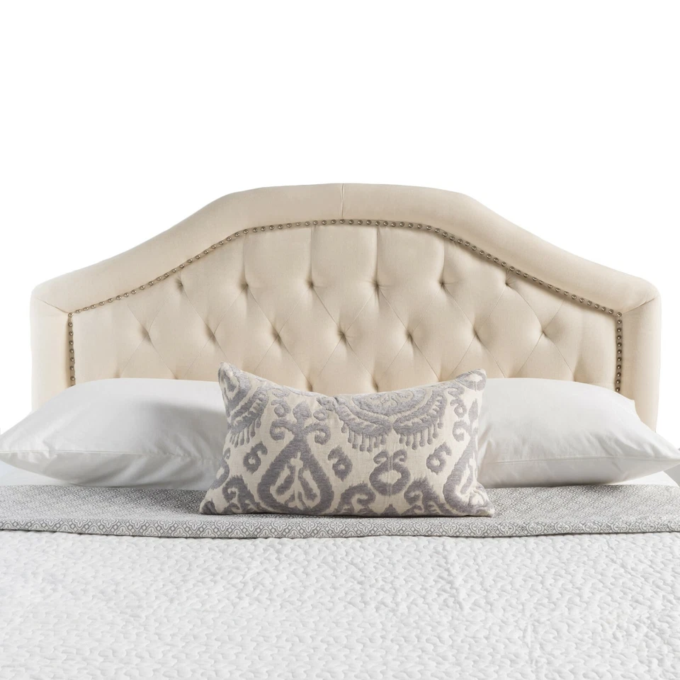 Maizyl Contemporary Queen/Full Beige Upholstered Headboard w/ Nailhead Accents - Image 3 of 4