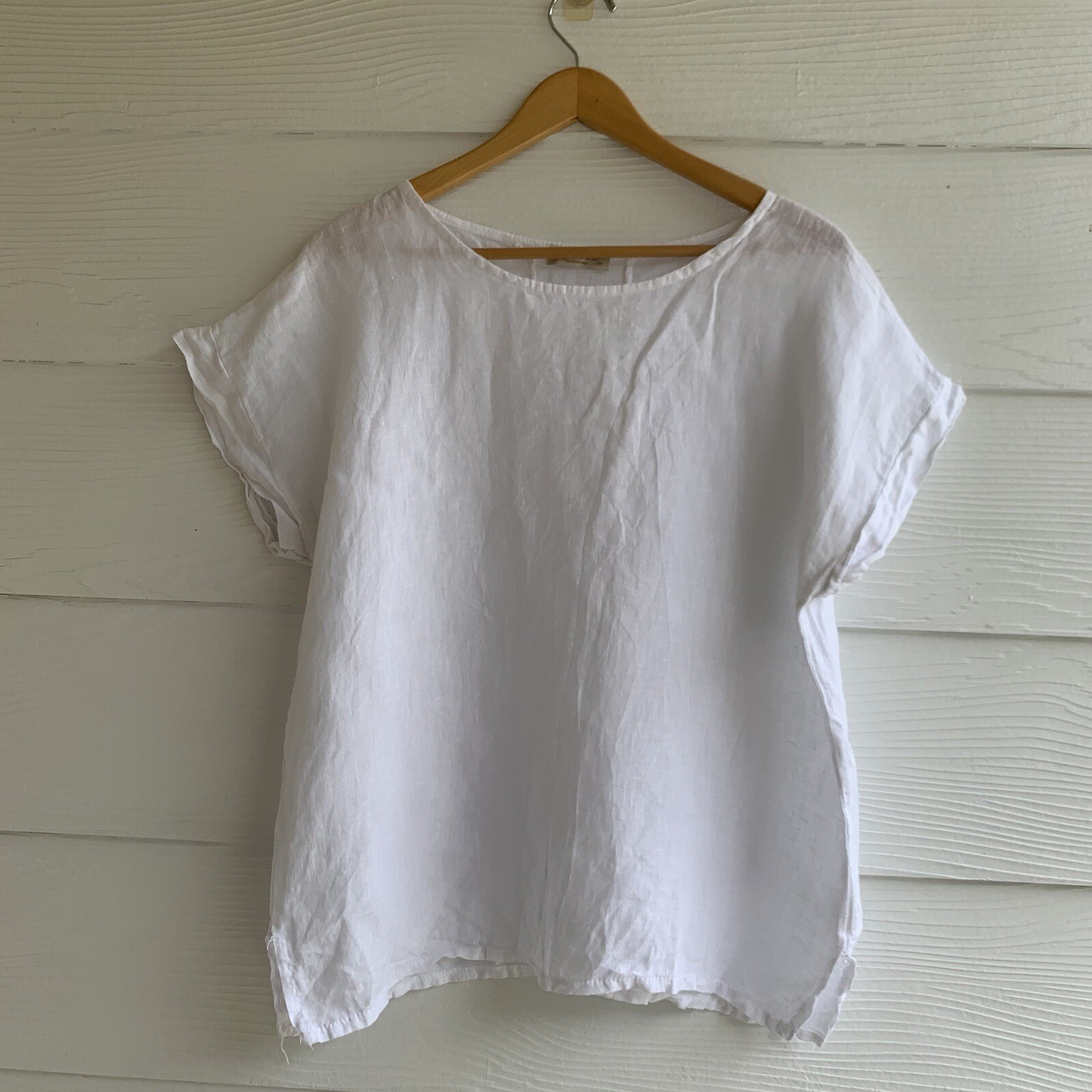 Bellambra White Linen Tunic Top Blouse M Short Sleeves Scoop Neck