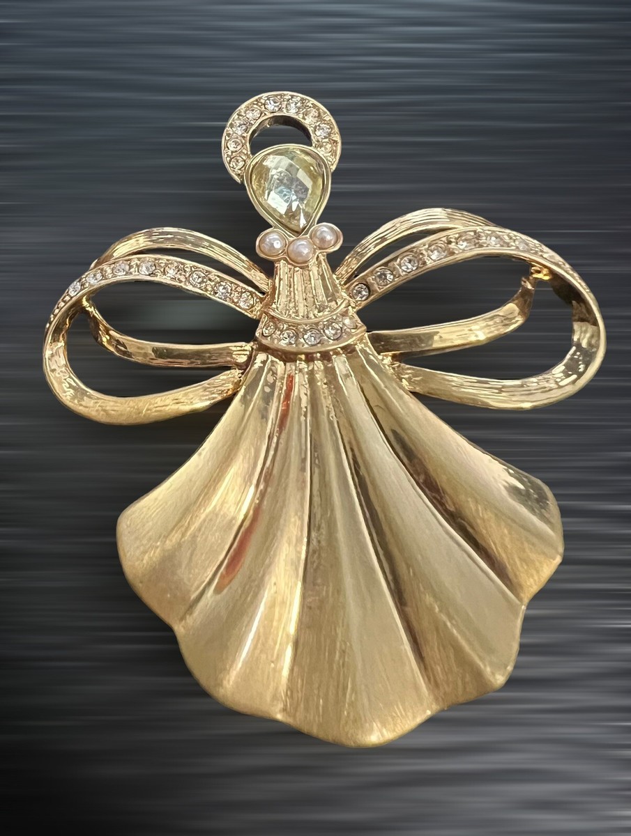 VTG LC Liz Claiborne ANGEL BROOCH PIN RHINESTONE PEARL ACCENTS