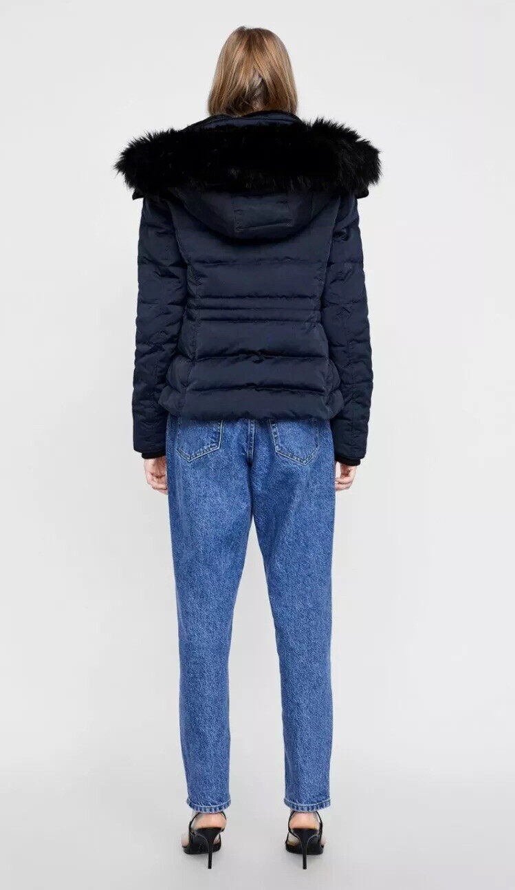 Zara Water Repellent Navy Blue Faux Fur Hooded Down Puffer Jacket Coat, Size S image 9
