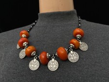 Moroccan Handmade Amber Necklace Berber Coral Beads Antique Silver Coins Pendant