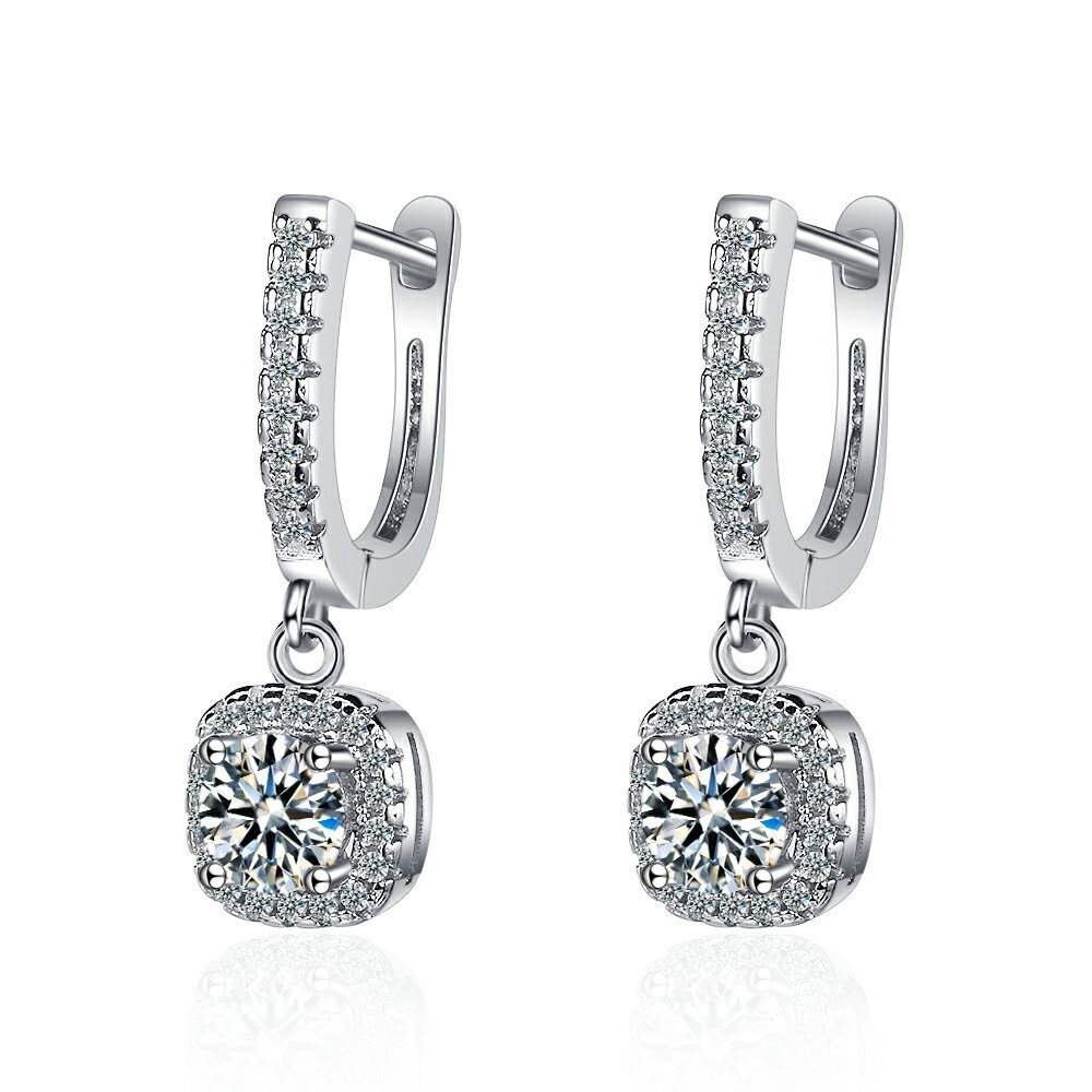 Women 925 Sterling Silver crystal zircon square earrings hoop huggie jewelry