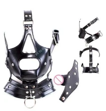 BDSM PU Leather Head Harness Mouth Gag Oral Plug Ball Headgear Face Mask Bondage