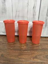 Tupperware Vintage 12 oz Sheer Stacking Pink Cups Tumbler Set 3 w/ Lids 6379A