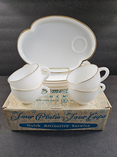 VTG MILK GLASS SNACK SET Federal Homestead Gold Trim 4 plates 4 cups NOS! NIB!
