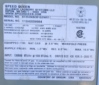 SPEED QUEEN COIN-OP 50LBS GAS DRYER MODEL ST050NBCB1G2W01 SN