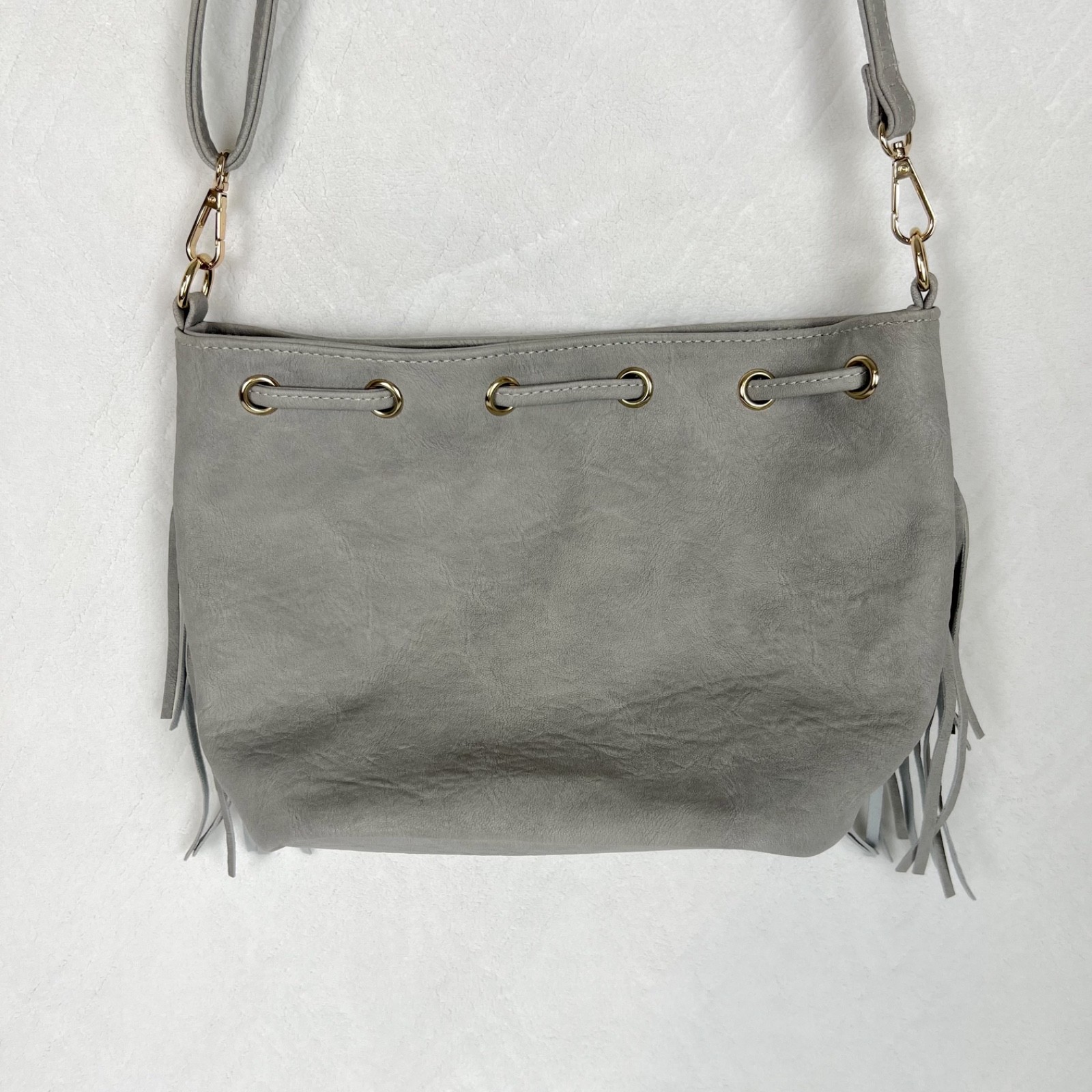 Venus Basic Light Grey Suede Fringed Drawstring B… - image 3