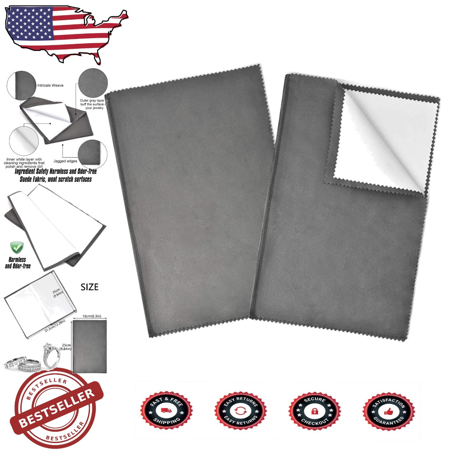 Reusable 10x12 Inch Jewelry Polishing Cloth for Safe Gentle Cleaning of Fine Metals