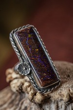 Sterling Silver And Australian Boulder Opal Ring Size 8.5. Brown, Purple, Green