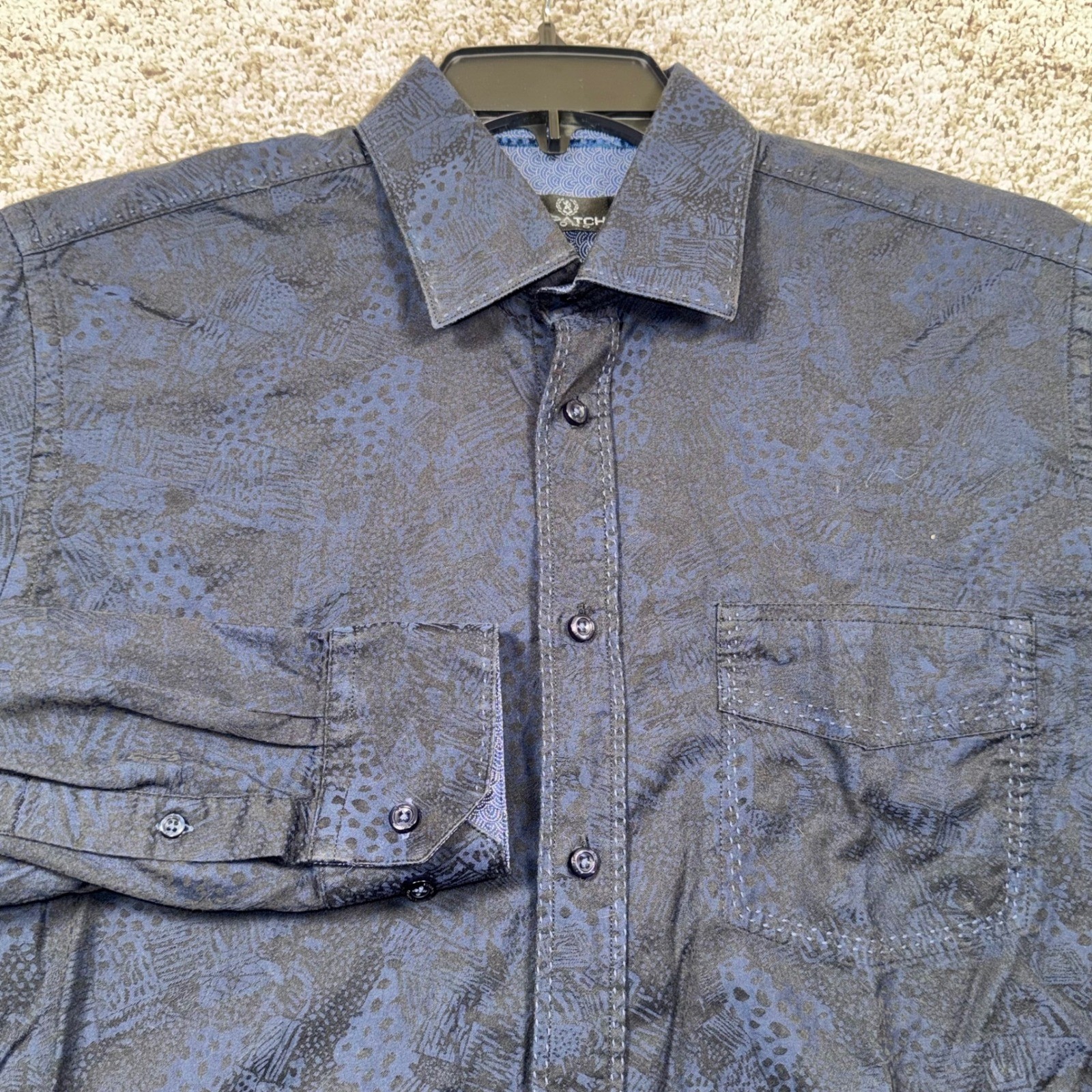 BUGATCHI UOMO Mens Navy Blue Textured Pattern Button Up Shirt Flip Cuff Sz Large