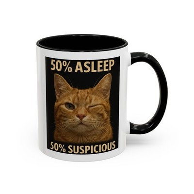 50 percent Asleep 50 percent Suspicious Cat Coffee Mug | Funny Cat Face Mug