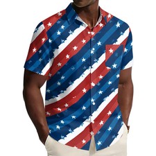 Men Patriotic USA Flag Hawaiian Shirt 4th July Summer Beach Short Sleeve Button