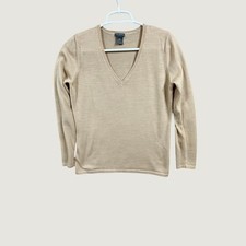 Ann Taylor Womens Tan Beige V-Neck Merino Wool Blend Long Sleeve Sweater Size M