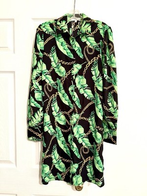 Ovi Green Palm Leaf Print Button Down Shirt Midi Dress Women M (Read)