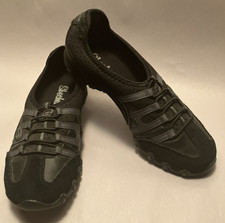 Skechers Womens 6 Black/Gray Leather/Fabric Slip On Bungee Comfort Walking Flats