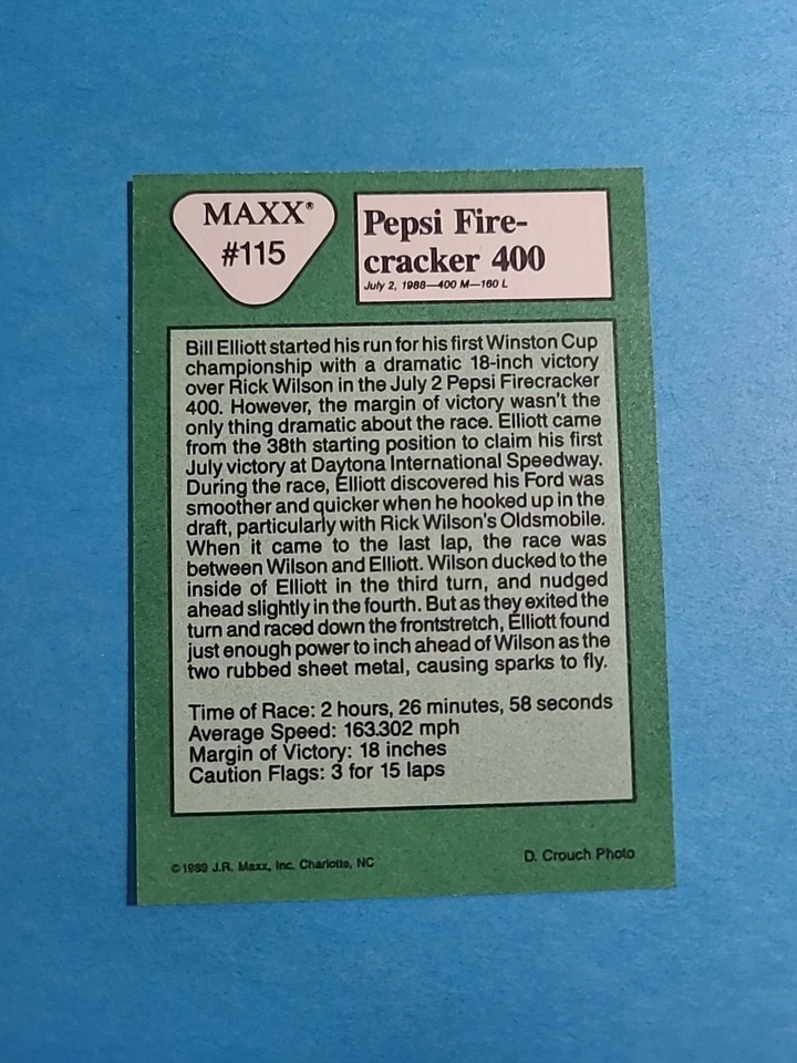Pepsi Firecracker 400 1989 Maxx '88 In Review NASCAR Auto Racing Card #115 I5116 - Image 2 of 2
