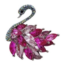 Elegant Crystal Swan Brooch with Pink Gems   Silver-Tone Rhinestone Neck Ship