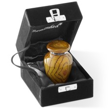 Small Mini Keepsake Cremation Urn for Human Ashes, Teak Wood Grain Velvet Case